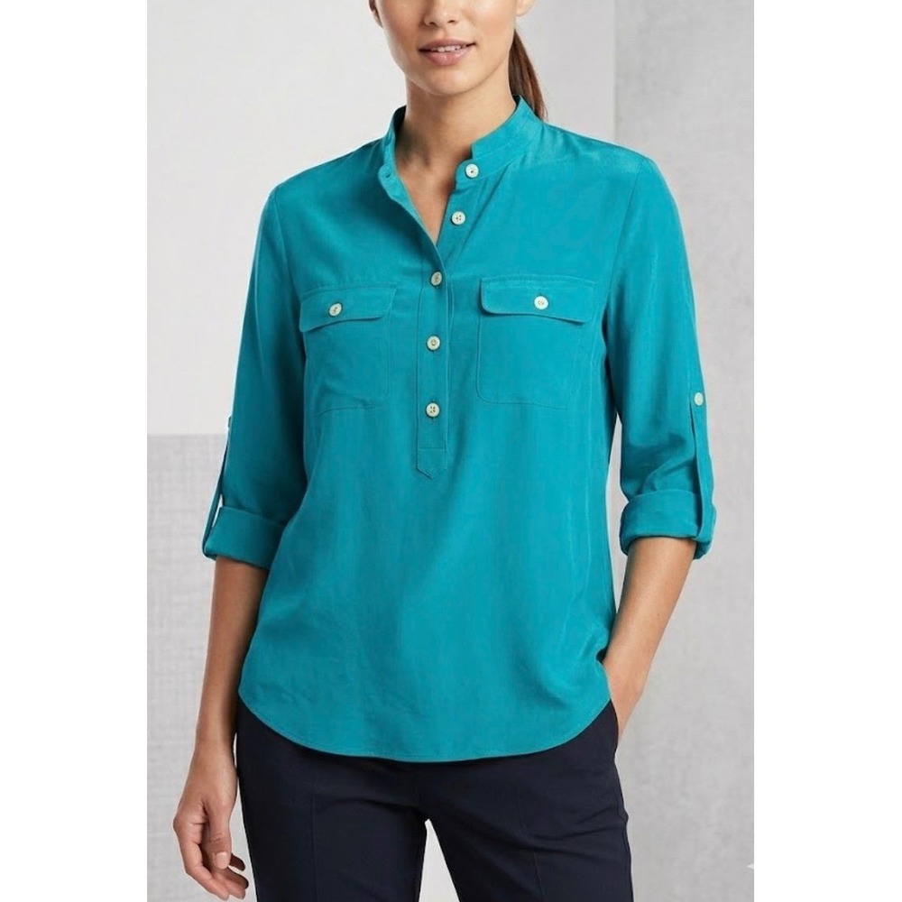 Banana Republic Women's 100% Silk Blouse Teal Blue Roll Tab Sleeve Popover Small